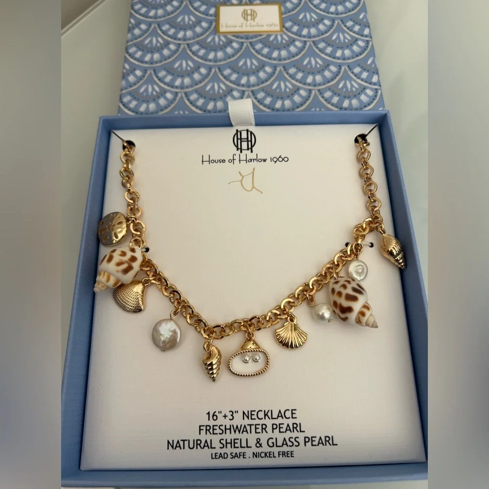 pearl and shell coastal gold charm necklace